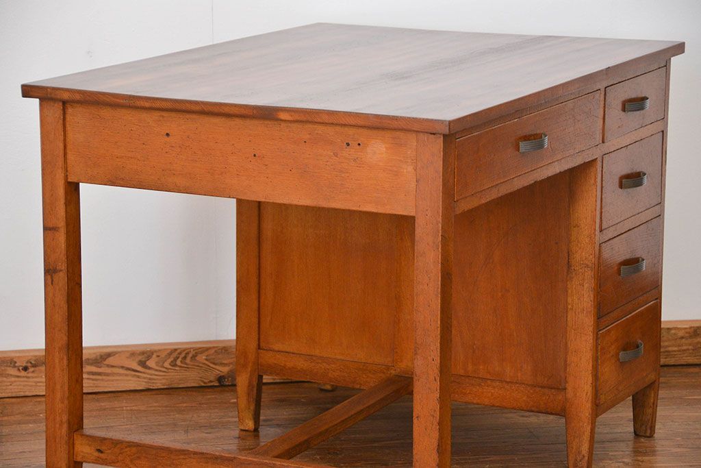 レトロ家具　昭和レトロ 古い木のアンティーク片袖机(テーブル、デスク、在宅ワーク、在宅用)