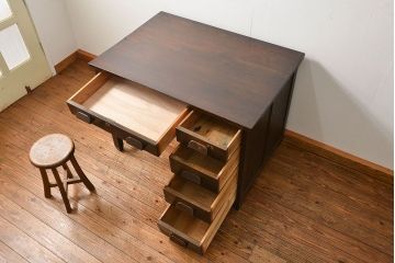 アンティーク家具　アンティーク 古いナラ材の重厚な片袖机(テーブル、デスク、在宅ワーク、在宅用、作業台)