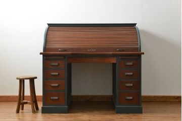アンティーク家具　アンティークペイント 古いナラ材!上質なロールトップデスク(ライティングビューロー、机、在宅ワーク、在宅用)