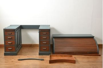 アンティーク家具　アンティークペイント 古いナラ材!上質なロールトップデスク(ライティングビューロー、机、在宅ワーク、在宅用)