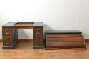 アンティーク家具　アンティークペイント 古いナラ材!上質なロールトップデスク(ライティングビューロー、机、在宅ワーク、在宅用)