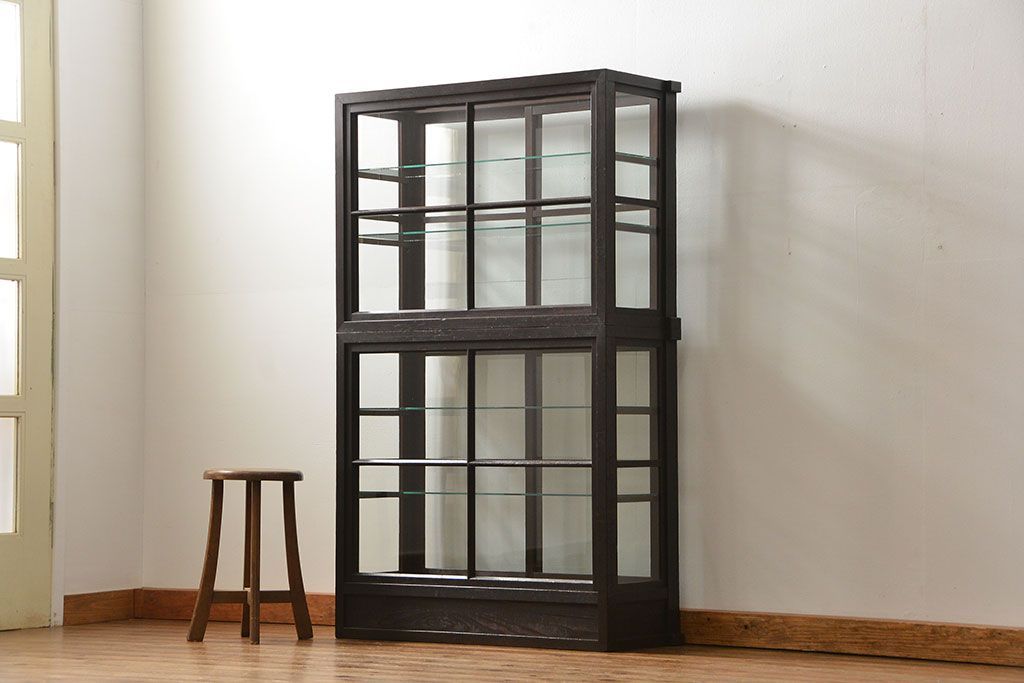 アンティーク家具　アンティーク 希少なデザインの2段重ね5面ガラスケース(ショーケース、収納棚、陳列棚)