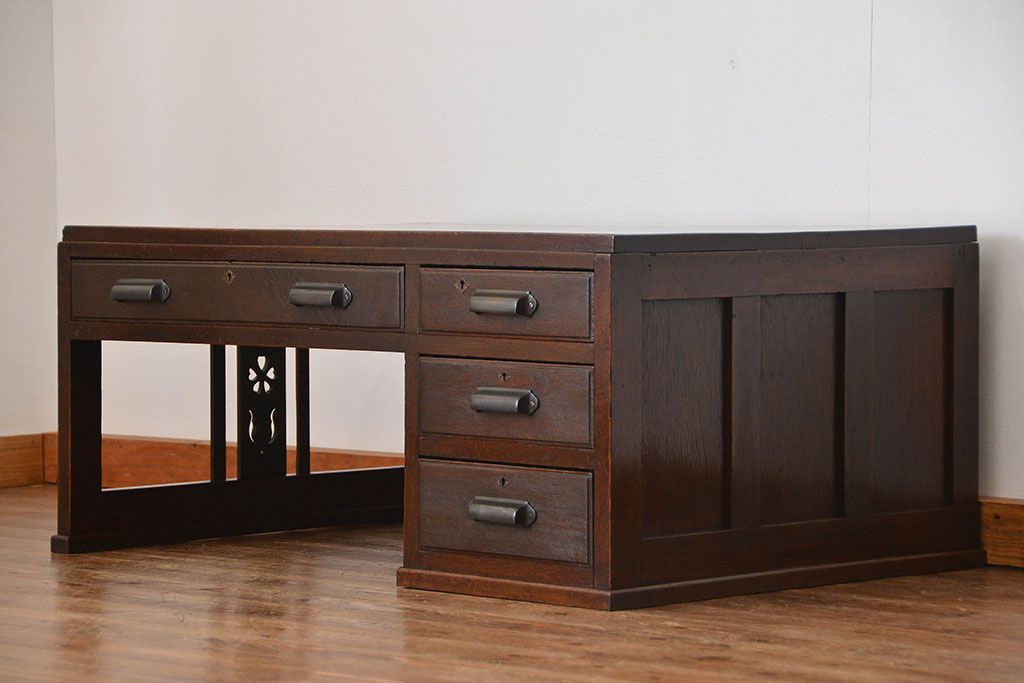 アンティーク家具　アンティーク 古いナラ材の上質で大振りな片袖机(デスク、在宅ワーク、在宅用作業台、テーブル)