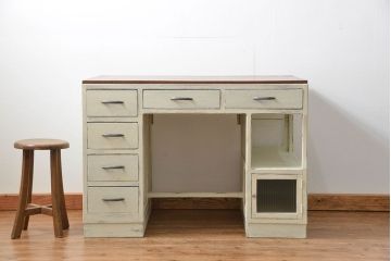 アンティーク家具　アンティークペイント　モールガラスの小窓付き両袖机(テーブル、デスク、在宅ワーク、在宅用、作業台)