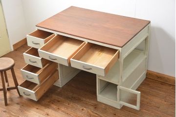 アンティーク家具　アンティークペイント　モールガラスの小窓付き両袖机(テーブル、デスク、在宅ワーク、在宅用、作業台)