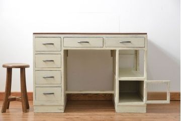 アンティーク家具　アンティークペイント　モールガラスの小窓付き両袖机(テーブル、デスク、在宅ワーク、在宅用、作業台)