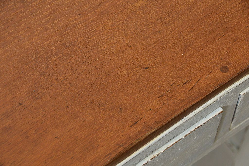 アンティーク家具　アンティークペイント　モールガラスの小窓付き両袖机(テーブル、デスク、在宅ワーク、在宅用、作業台)