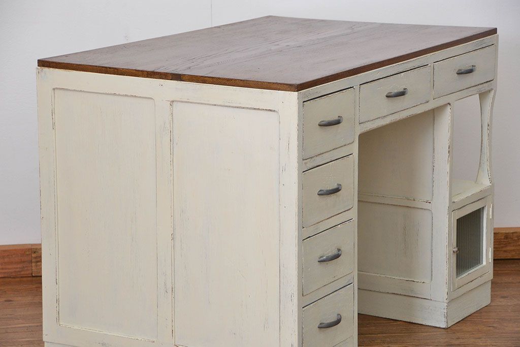 アンティーク家具　アンティークペイント　モールガラスの小窓付き両袖机(テーブル、デスク、在宅ワーク、在宅用、作業台)