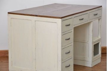 アンティーク家具　アンティークペイント　モールガラスの小窓付き両袖机(テーブル、デスク、在宅ワーク、在宅用、作業台)