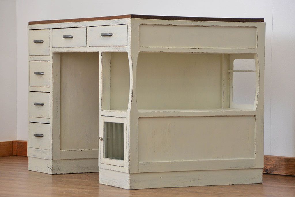 アンティーク家具　アンティークペイント　モールガラスの小窓付き両袖机(テーブル、デスク、在宅ワーク、在宅用、作業台)