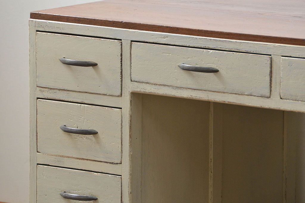 アンティーク家具　アンティークペイント　モールガラスの小窓付き両袖机(テーブル、デスク、在宅ワーク、在宅用、作業台)