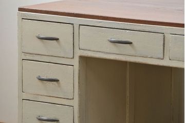 アンティーク家具　アンティークペイント　モールガラスの小窓付き両袖机(テーブル、デスク、在宅ワーク、在宅用、作業台)