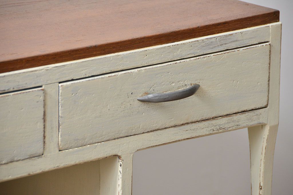 アンティーク家具　アンティークペイント　モールガラスの小窓付き両袖机(テーブル、デスク、在宅ワーク、在宅用、作業台)