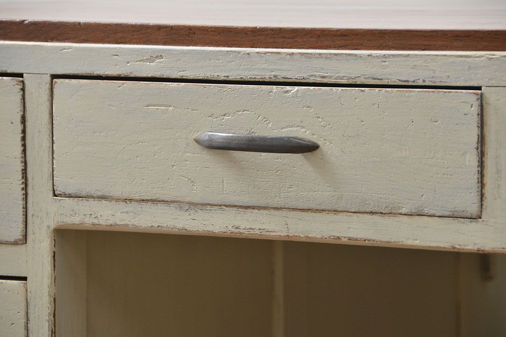 アンティーク家具　アンティークペイント　モールガラスの小窓付き両袖机(テーブル、デスク、在宅ワーク、在宅用、作業台)