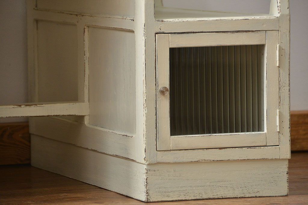 アンティーク家具　アンティークペイント　モールガラスの小窓付き両袖机(テーブル、デスク、在宅ワーク、在宅用、作業台)