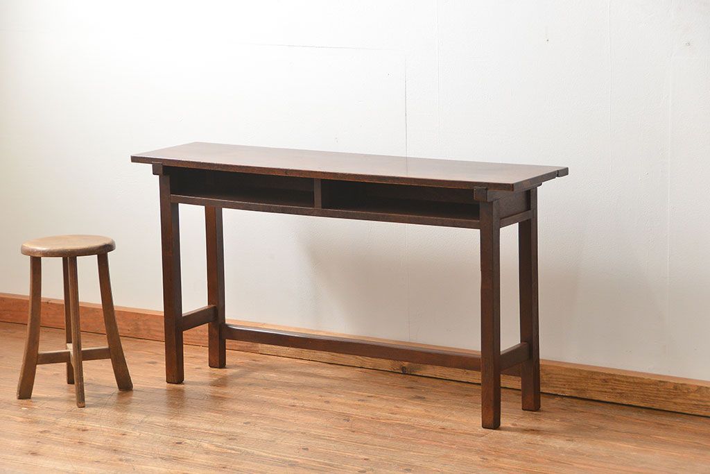 アンティーク家具　アンティーク 天板ナラ材の薄型作業台(1)(サイドテーブル、机、在宅ワーク、在宅用デスク)