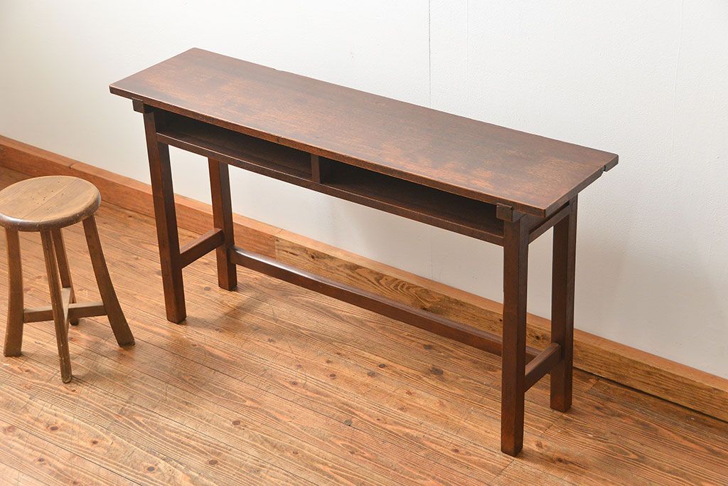 アンティーク家具　アンティーク 天板ナラ材の薄型作業台(1)(サイドテーブル、机、在宅ワーク、在宅用デスク)