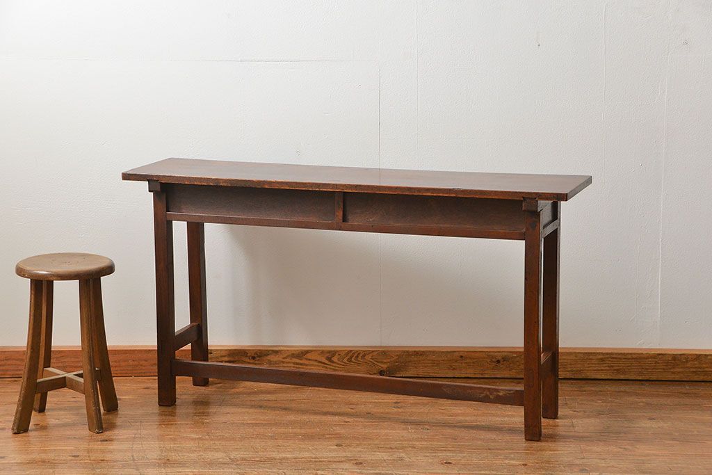 アンティーク家具　アンティーク 天板ナラ材の薄型作業台(1)(サイドテーブル、机、在宅ワーク、在宅用デスク)