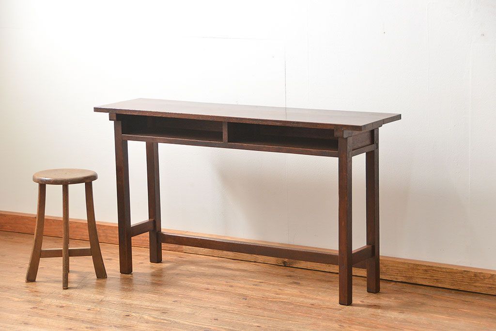 アンティーク家具　アンティーク 天板ナラ材の薄型作業台(2)(サイドテーブル、机、在宅ワーク、在宅用デスク)