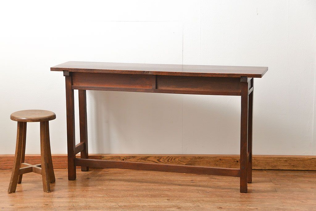 アンティーク家具　アンティーク 天板ナラ材の薄型作業台(2)(サイドテーブル、机、在宅ワーク、在宅用デスク)