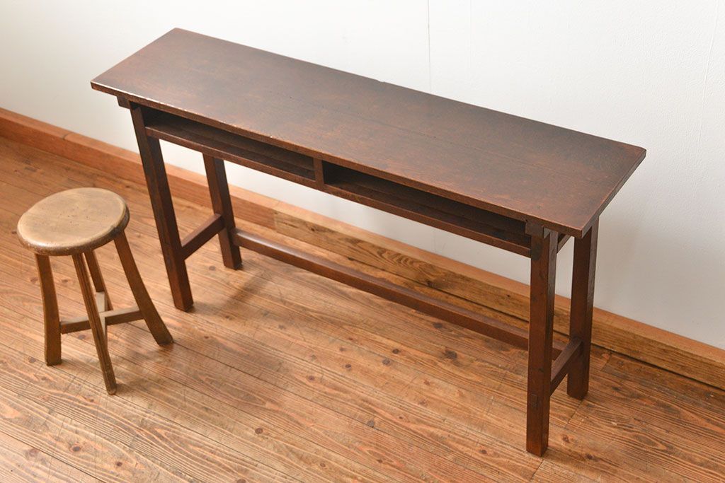 アンティーク家具　アンティーク 天板ナラ材の薄型作業台(3)(サイドテーブル、机、在宅ワーク、在宅用デスク)