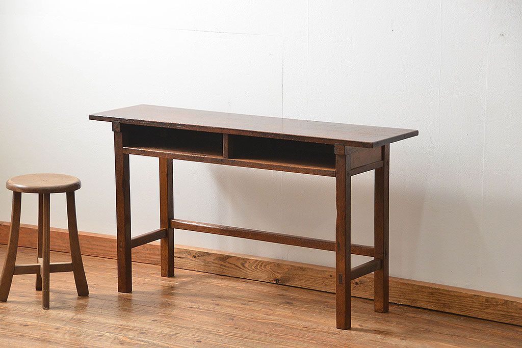 アンティーク家具　アンティーク 古い木のシンプルな薄型作業台(サイドテーブル、机、在宅ワーク、在宅用デスク)