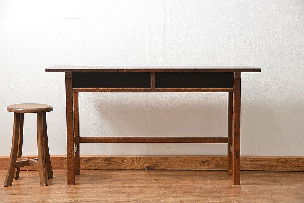 アンティーク家具　アンティーク 古い木のシンプルな薄型作業台(サイドテーブル、机、在宅ワーク、在宅用デスク)