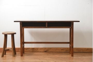 アンティーク家具　アンティーク 古い木のシンプルな薄型作業台(サイドテーブル、机、在宅ワーク、在宅用デスク)