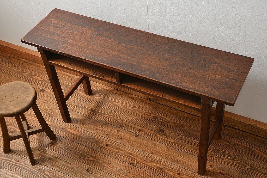 アンティーク家具　アンティーク 古い木のシンプルな薄型作業台(サイドテーブル、机、在宅ワーク、在宅用デスク)