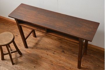アンティーク家具　アンティーク 古い木のシンプルな薄型作業台(サイドテーブル、机、在宅ワーク、在宅用デスク)