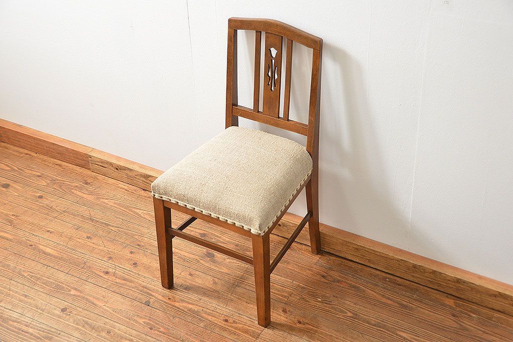 レトロ家具　アンティークリネン座面のレトロな椅子(1)(イス、チェア)