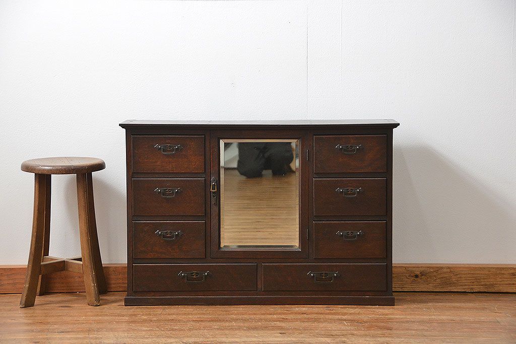 アンティーク家具　大正ロマン 古いナラ材!ミラー付き卓上キャビネット