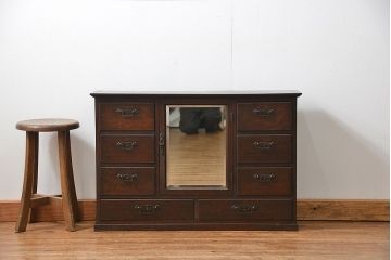 アンティーク家具　大正ロマン 古いナラ材!ミラー付き卓上キャビネット