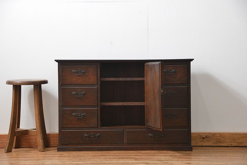 アンティーク家具　大正ロマン 古いナラ材!ミラー付き卓上キャビネット