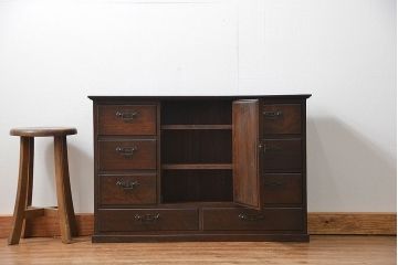 アンティーク家具　大正ロマン 古いナラ材!ミラー付き卓上キャビネット