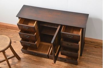 アンティーク家具　大正ロマン 古いナラ材!ミラー付き卓上キャビネット