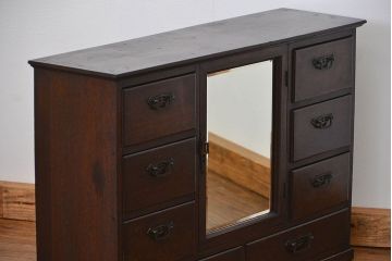 アンティーク家具　大正ロマン 古いナラ材!ミラー付き卓上キャビネット