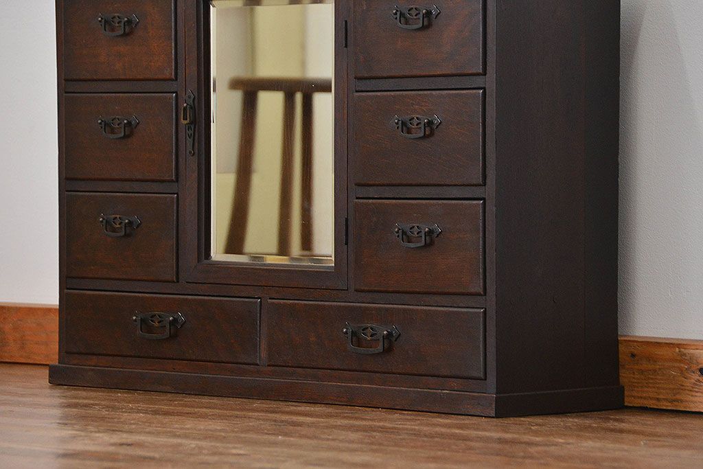 アンティーク家具　大正ロマン 古いナラ材!ミラー付き卓上キャビネット