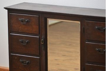 アンティーク家具　大正ロマン 古いナラ材!ミラー付き卓上キャビネット