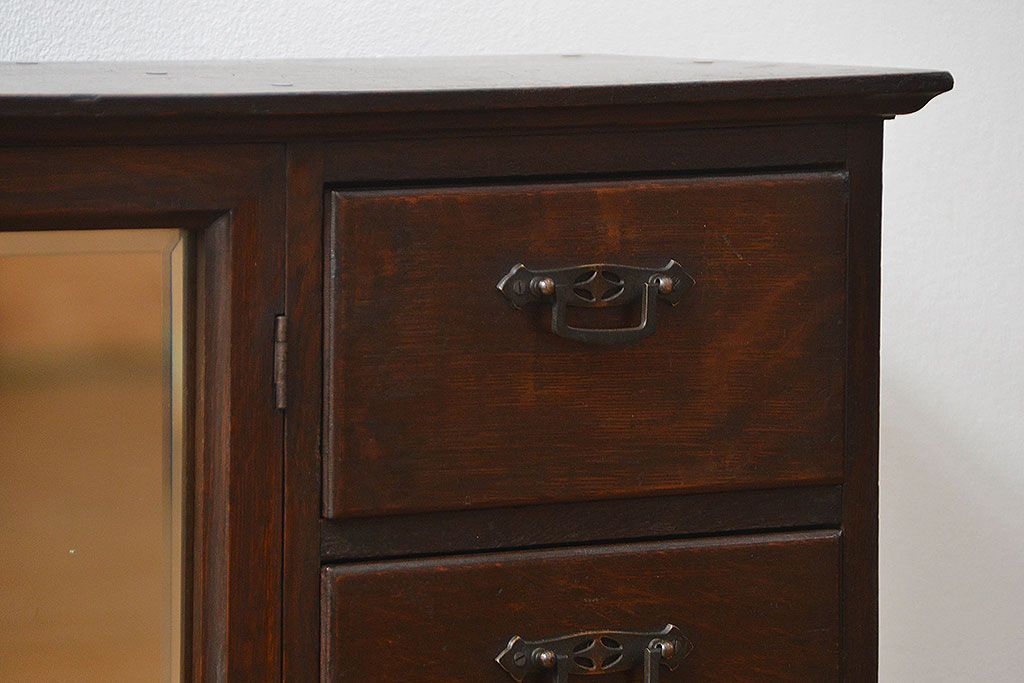アンティーク家具　大正ロマン 古いナラ材!ミラー付き卓上キャビネット