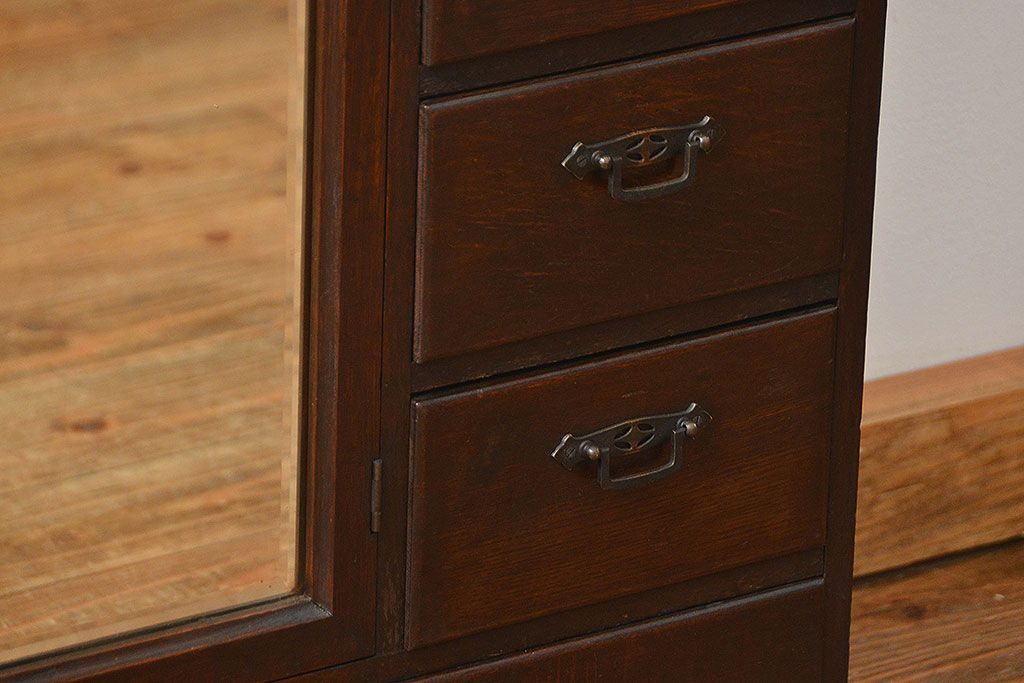 アンティーク家具　大正ロマン 古いナラ材!ミラー付き卓上キャビネット