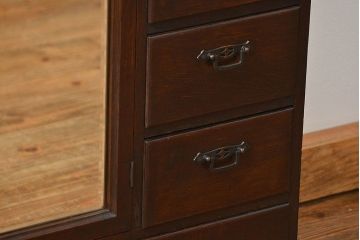 アンティーク家具　大正ロマン 古いナラ材!ミラー付き卓上キャビネット