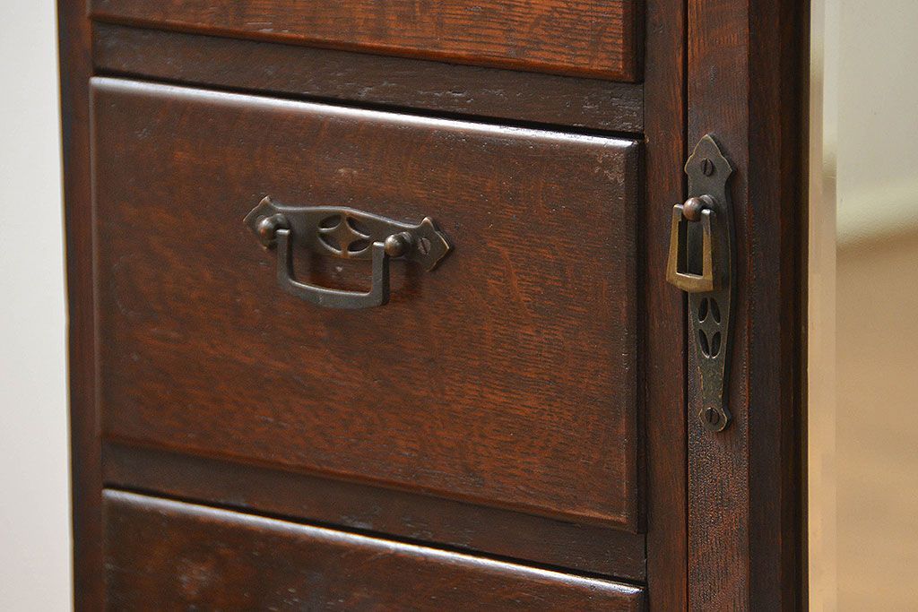 アンティーク家具　大正ロマン 古いナラ材!ミラー付き卓上キャビネット