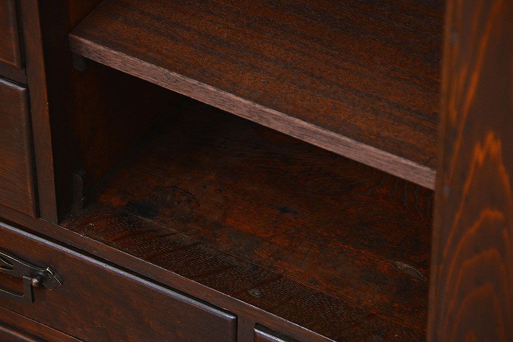 アンティーク家具　大正ロマン 古いナラ材!ミラー付き卓上キャビネット