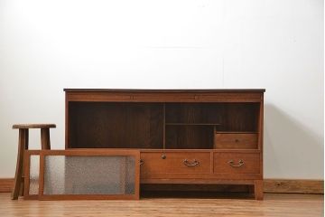 レトロ家具　昭和レトロ アンティークダイヤガラス　脚付きローボード(テレビ台、テレビボード)