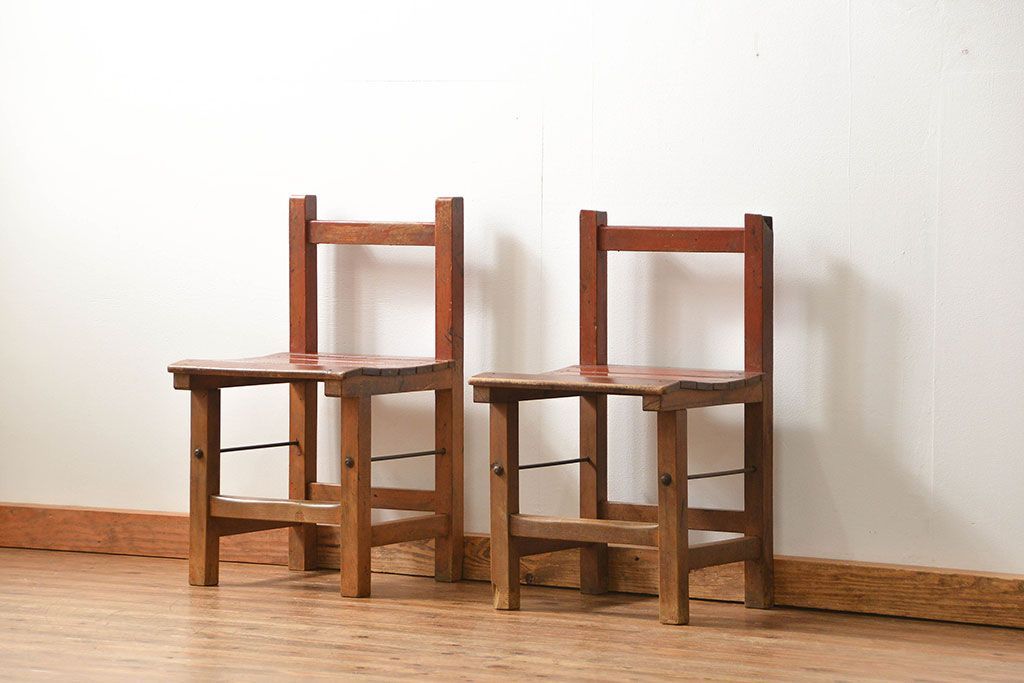 アンティーク家具　古い木のペンキのはげたアンティークチェア2脚セット