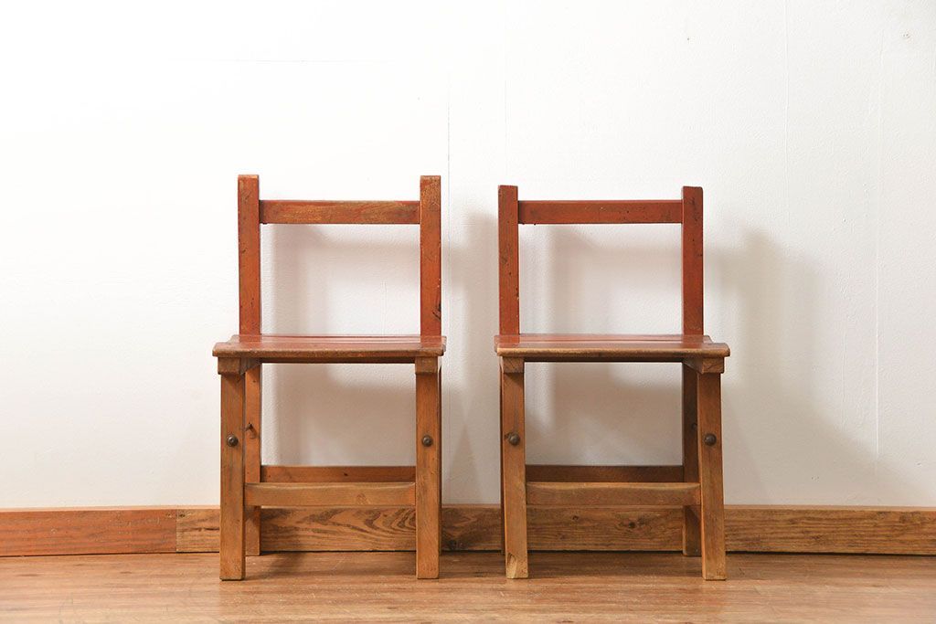 アンティーク家具　古い木のペンキのはげたアンティークチェア2脚セット