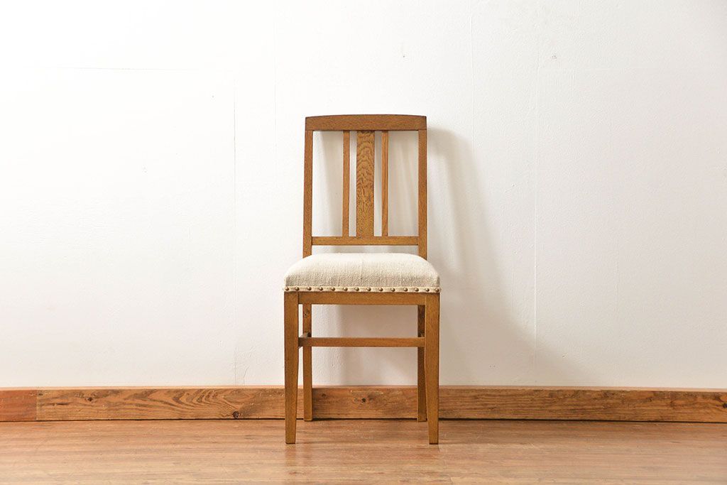 レトロ家具　アンティークリネン座面のレトロな椅子(4)(イス、チェア)