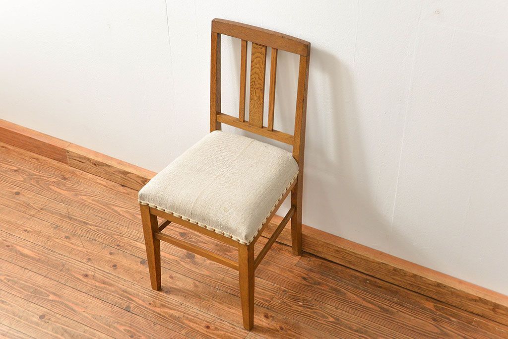 レトロ家具　アンティークリネン座面のレトロな椅子(4)(イス、チェア)
