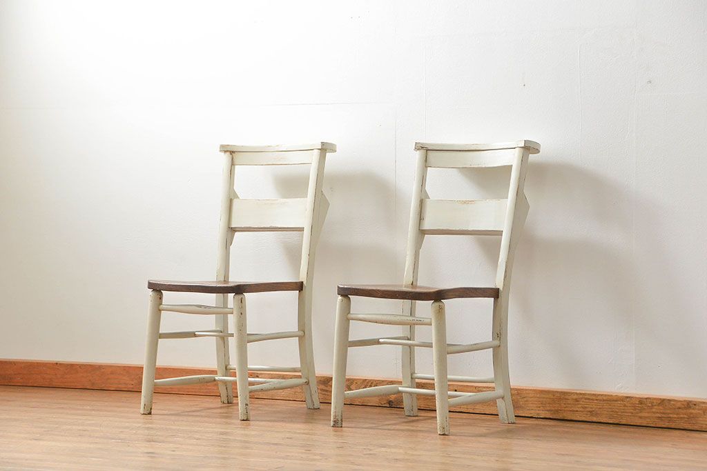 アンティーク家具　アンティークペイント　イギリスチャーチチェア2脚セット(イス、椅子)